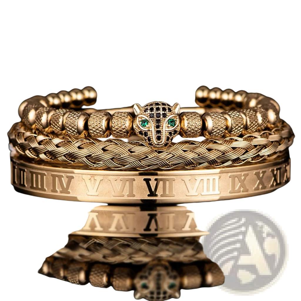Gold-toned Roman numeral leopard head braided leather bracelet set with green gemstone eyes and textured beads