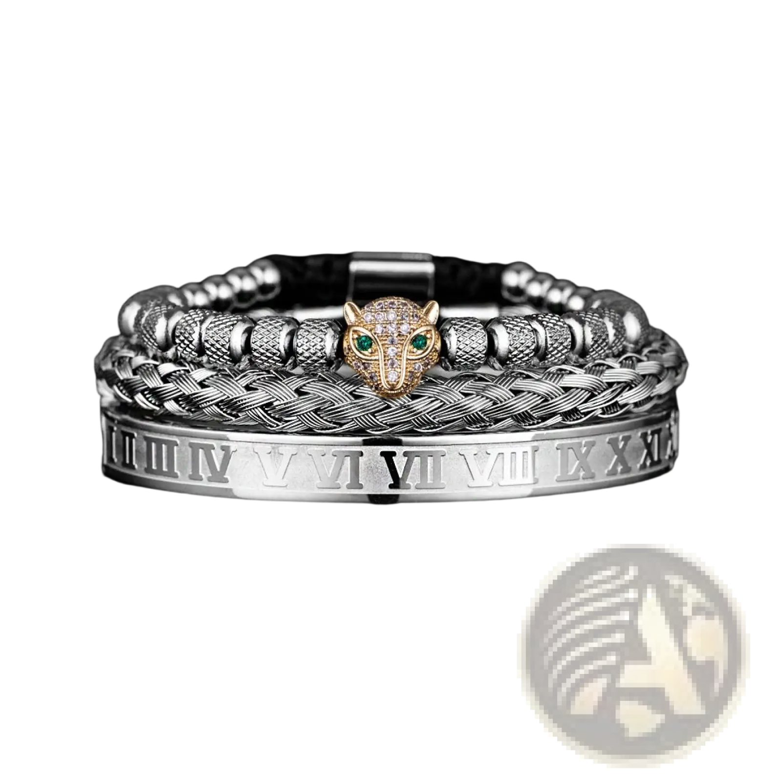 Roman numeral leopard head braided leather bracelet set with silver tones, golden panther charm, and green gemstone eyes