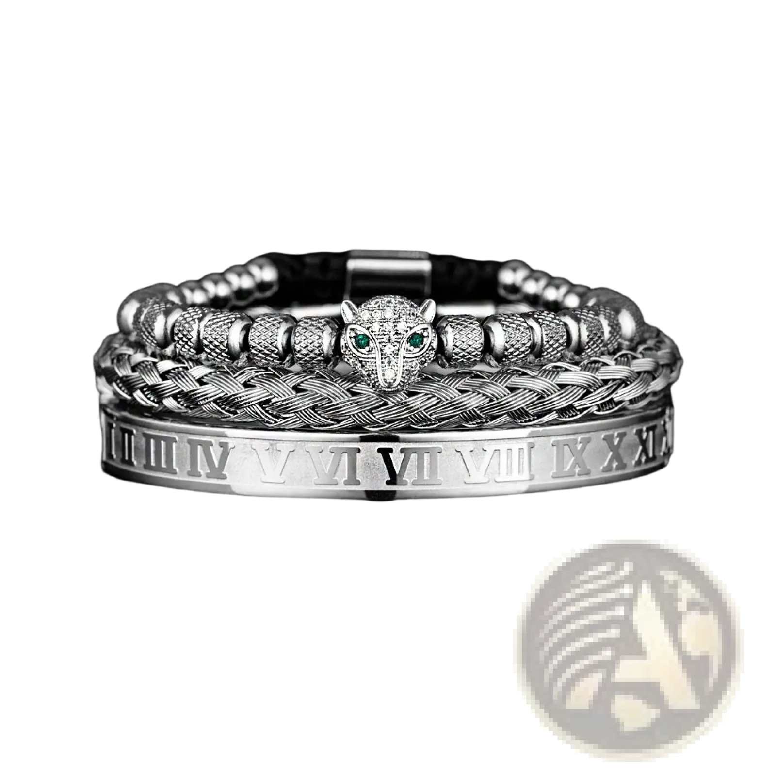 Silver-toned roman numeral leopard head braided leather bracelet set with green-eyed charm textured beads and links