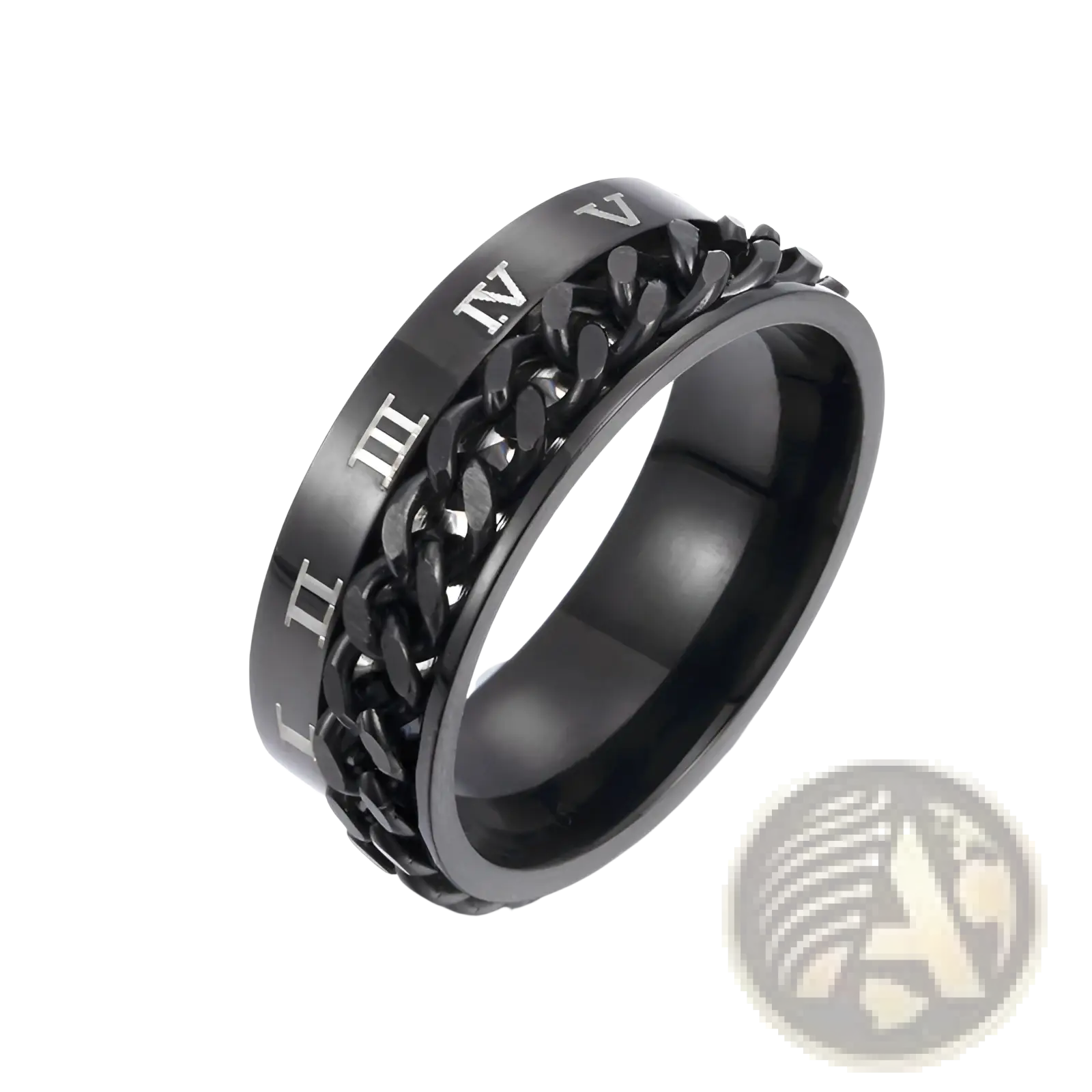 Black stainless steel roman numeral spinner chain ring with textured design and integrated bottle opener