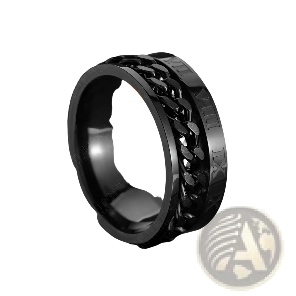 Black stainless steel roman numeral spinner chain ring featuring textured design and integrated bottle opener