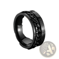 Black stainless steel roman numeral spinner chain ring featuring textured design and integrated bottle opener