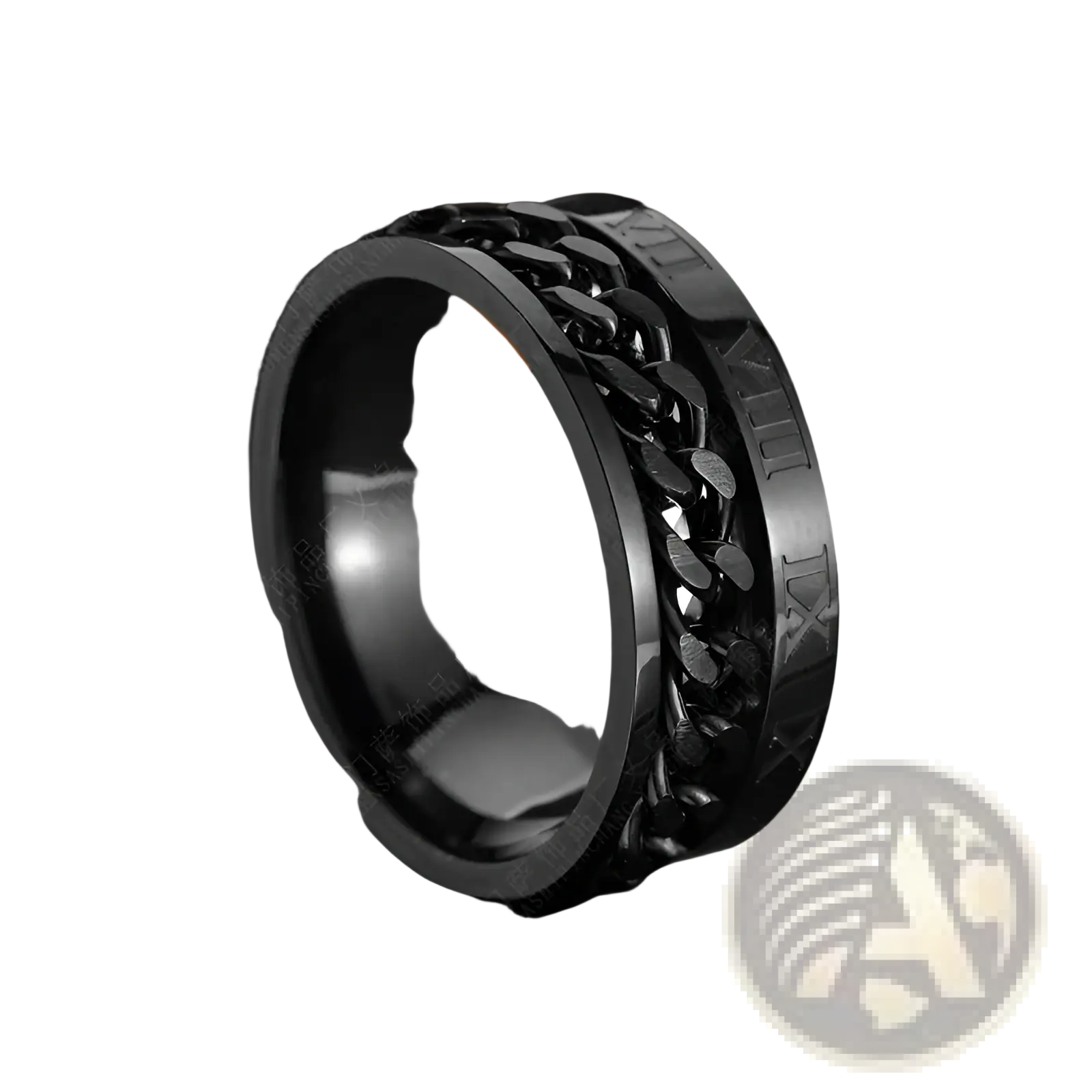 Black stainless steel roman numeral spinner chain ring featuring textured design and integrated bottle opener