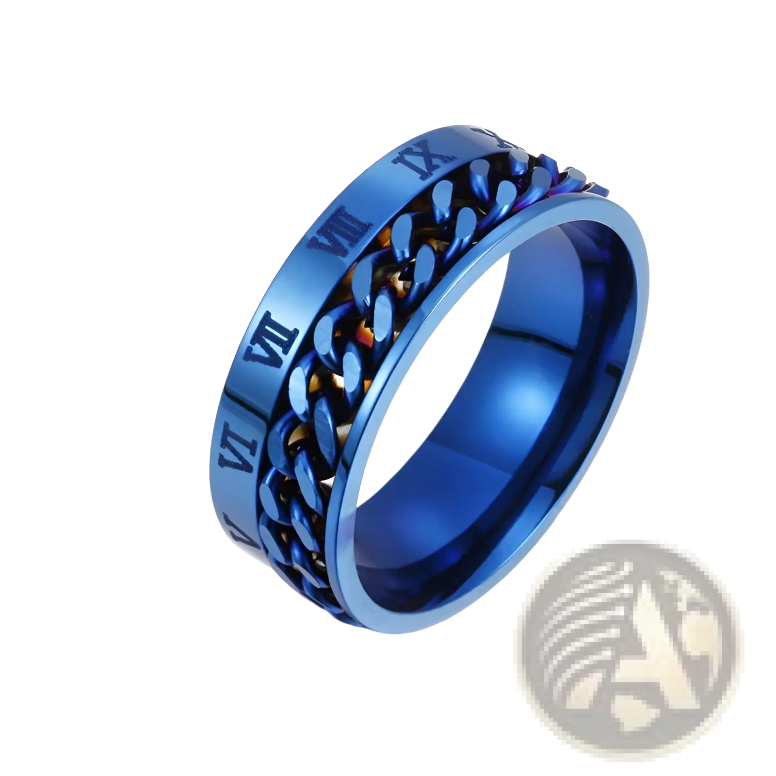 A vibrant blue stainless steel Roman numeral spinner chain ring with textured design and bottle opener feature