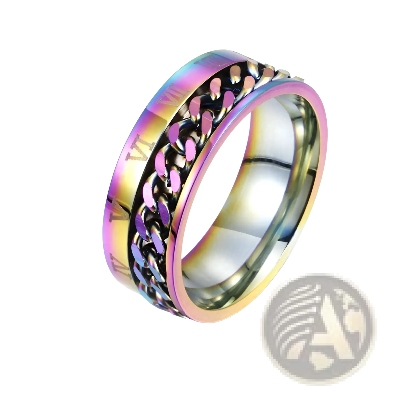 Rainbow-colored stainless steel roman numeral spinner chain ring with bottle opener and engraved outer band details