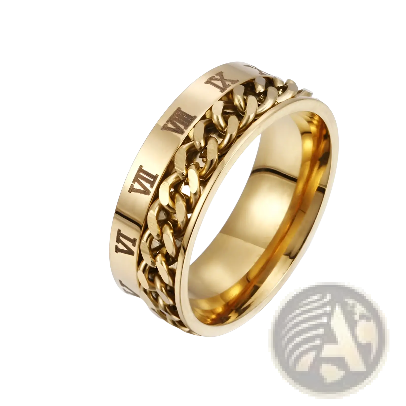 Gold-toned stainless steel roman numeral spinner chain ring with textured design and integrated bottle opener