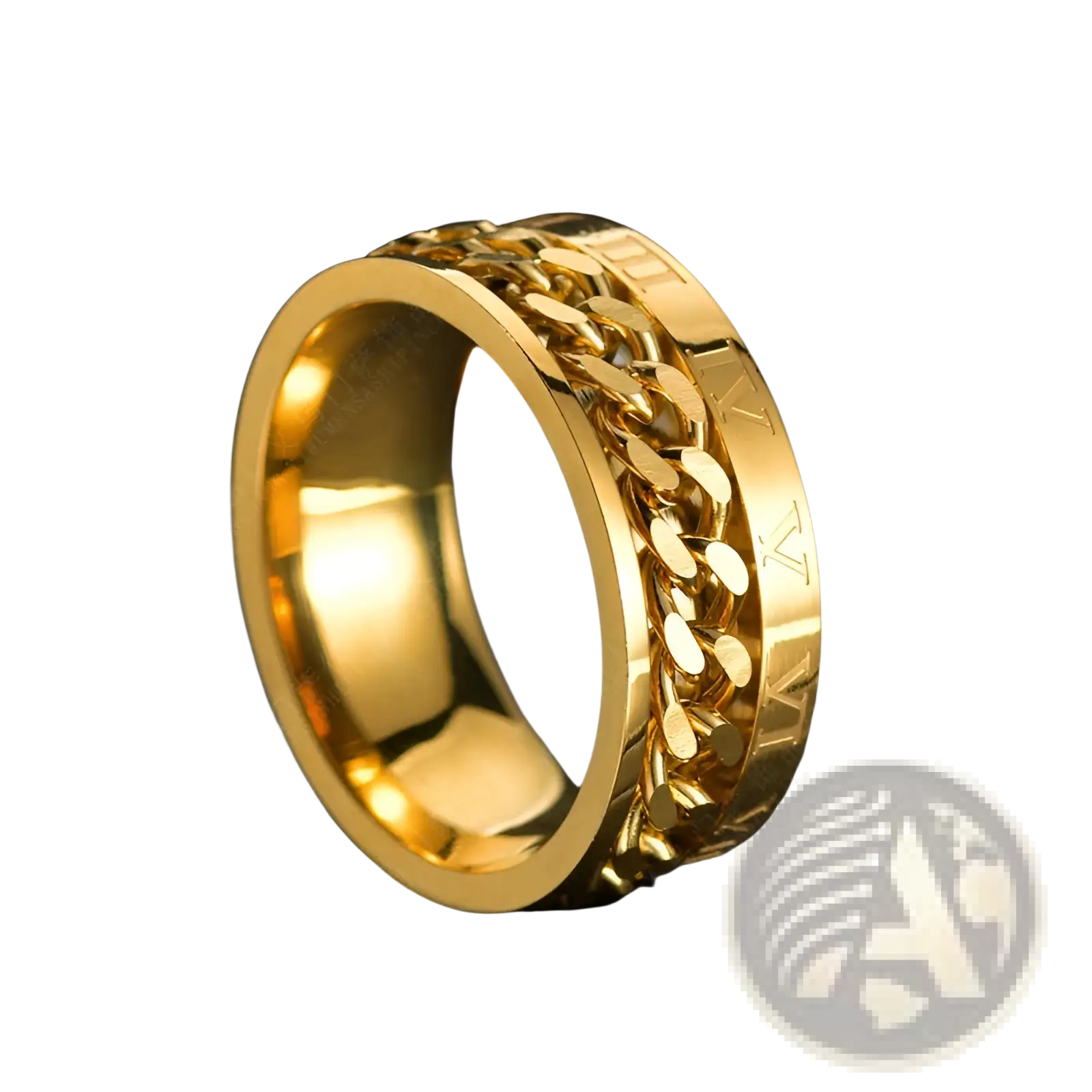Gold-colored stainless steel roman numeral spinner chain ring with textured design and built-in bottle opener