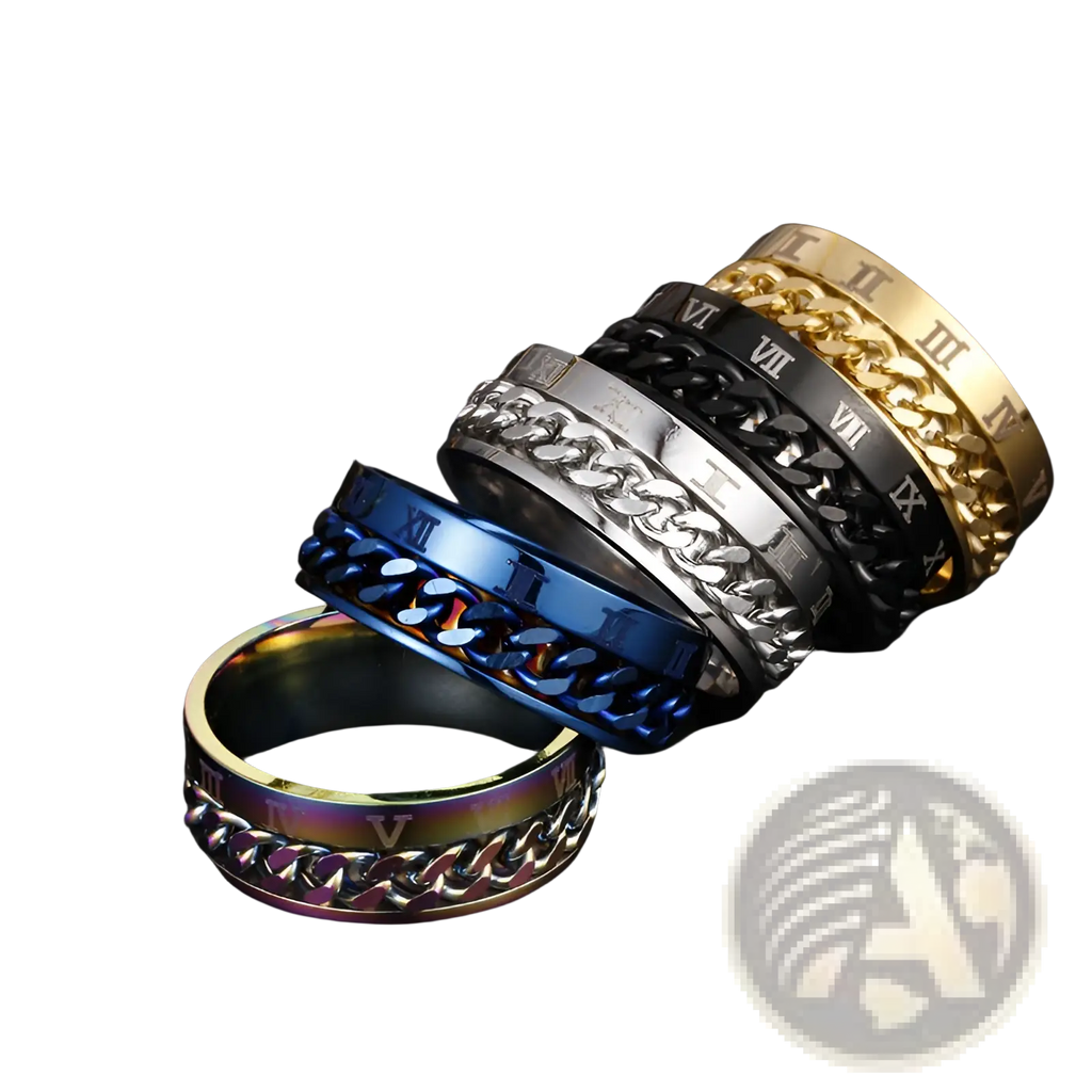 Stacked stainless steel roman numeral spinner chain rings with bottle opener in gold silver black blue and iridescent finishes