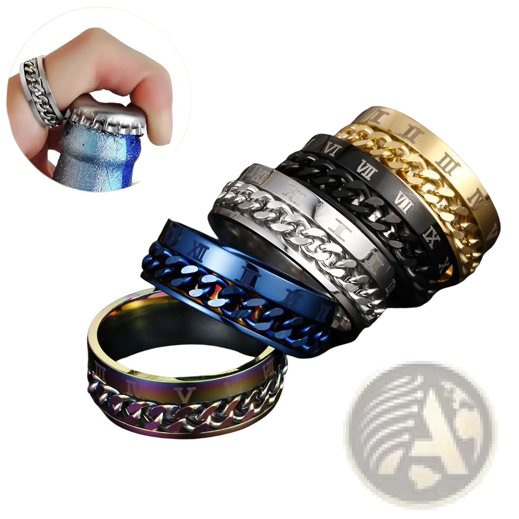 Set of stainless steel roman numeral spinner chain rings with bottle opener in gold silver black blue and iridescent finishes