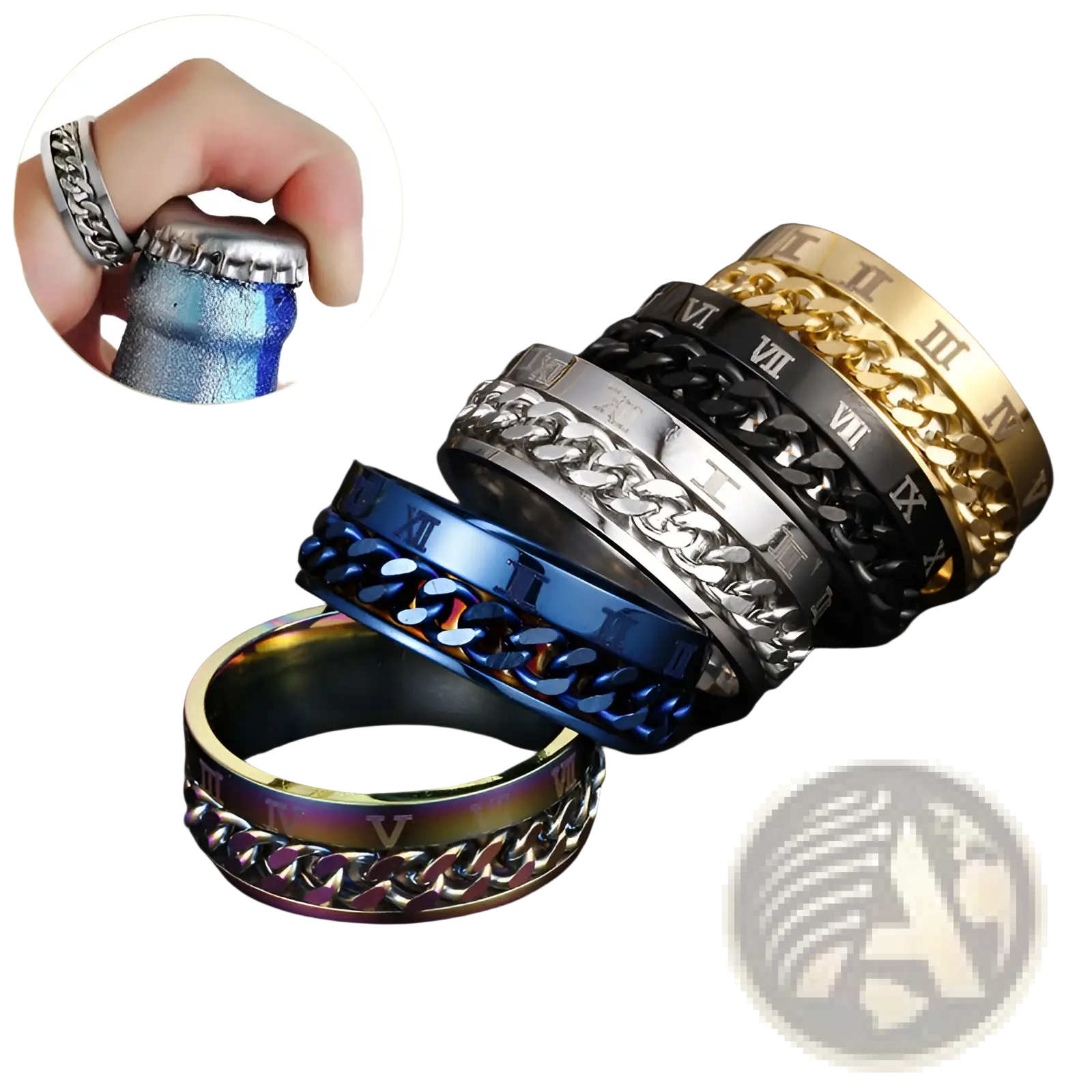 Set of stainless steel roman numeral spinner chain rings with bottle opener in gold silver black blue and iridescent finishes