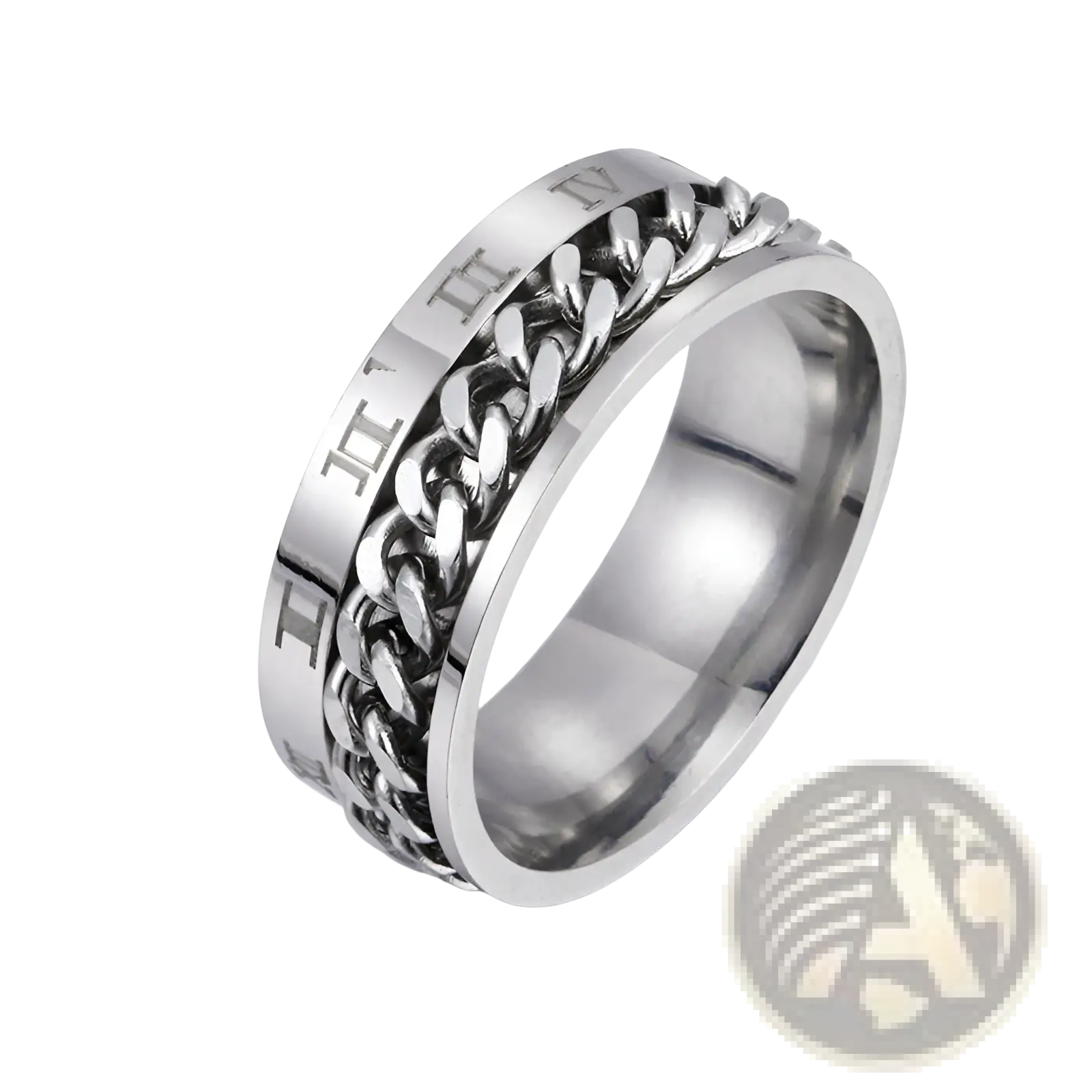 A sleek silver stainless steel Roman numeral spinner chain ring with textured design and built-in bottle opener