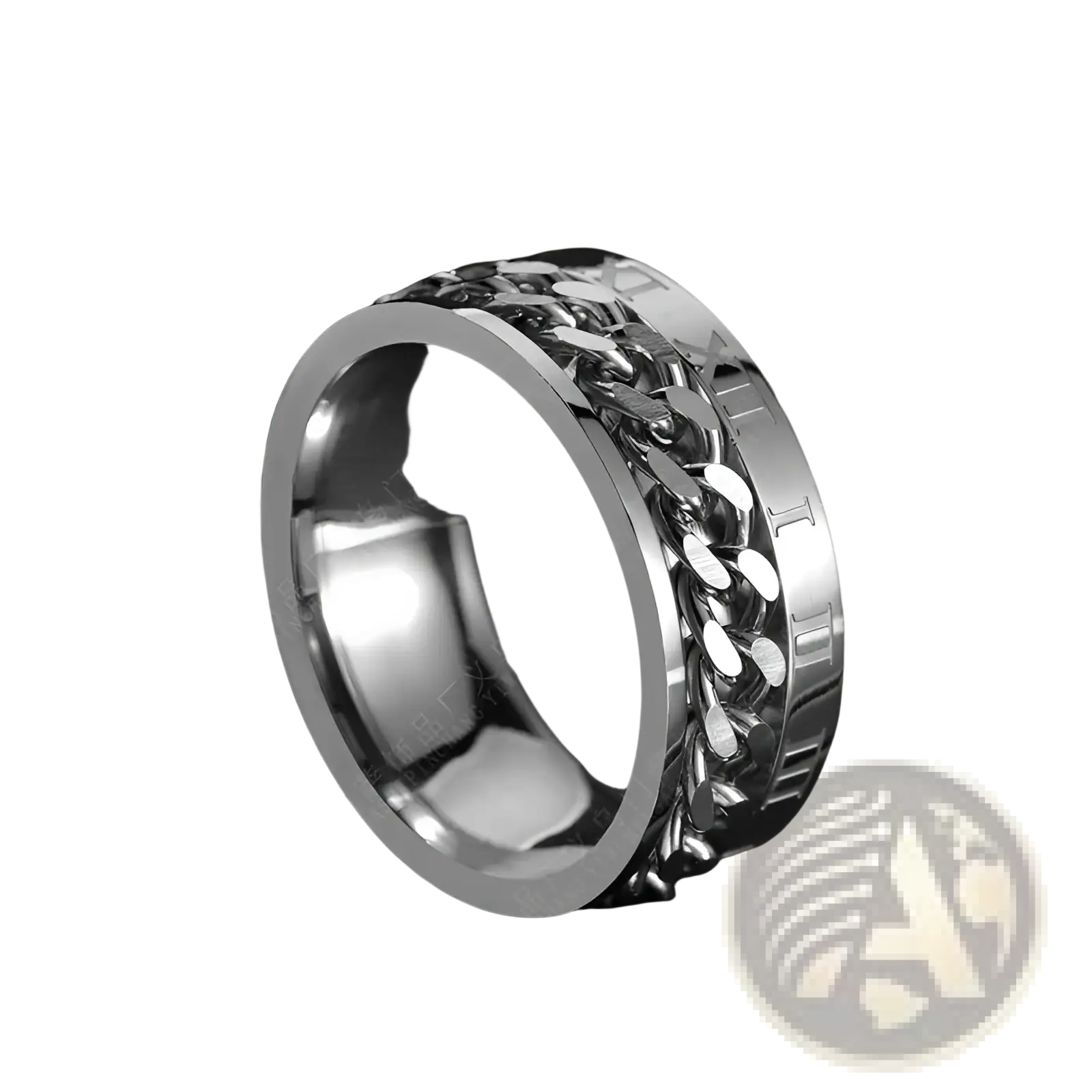 Stainless steel roman numeral spinner chain ring with textured design and built-in bottle opener in silver tone
