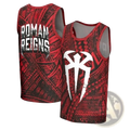 Red and black sleeveless tank top with bold white Roman Reigns logo and tribal-inspired patterns