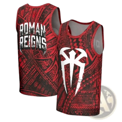 Red and black sleeveless tank top with bold white Roman Reigns logo and tribal-inspired patterns