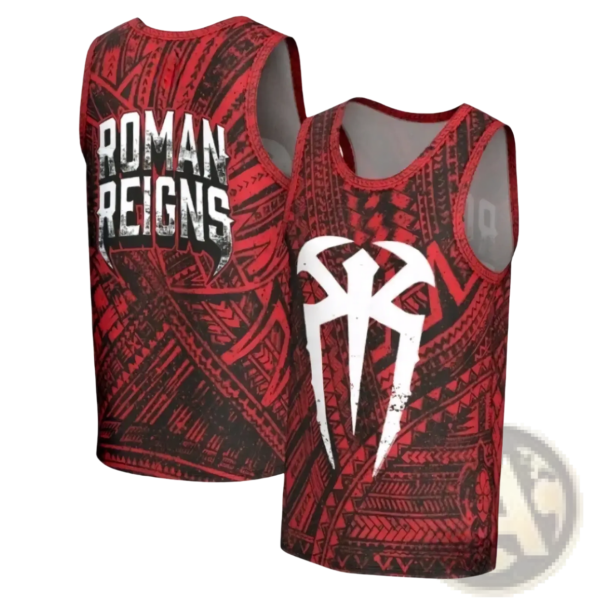 Red and black sleeveless tank top with bold white Roman Reigns logo and tribal-inspired patterns