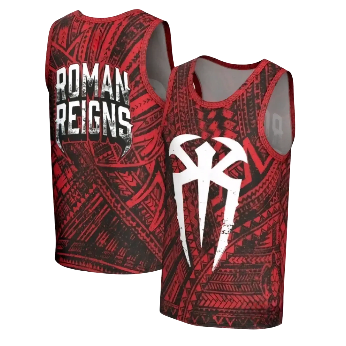 Red and black sleeveless tank top with bold white Roman Reigns logo and tribal-inspired patterns