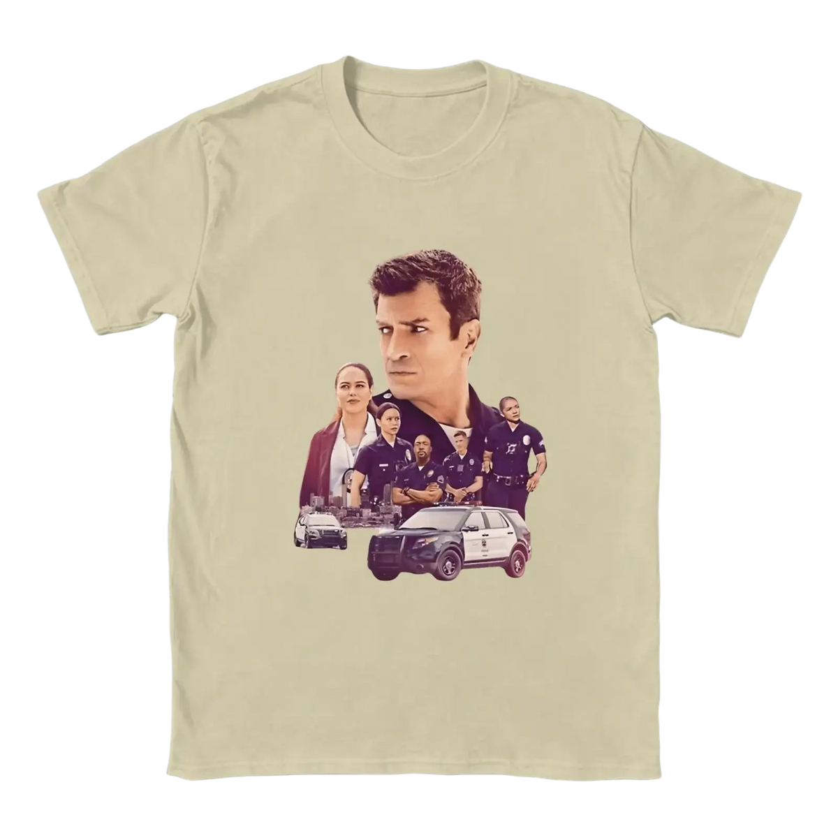 Beige short-sleeved cotton t-shirt featuring graphic print of characters and police vehicles from the Rookie tv show