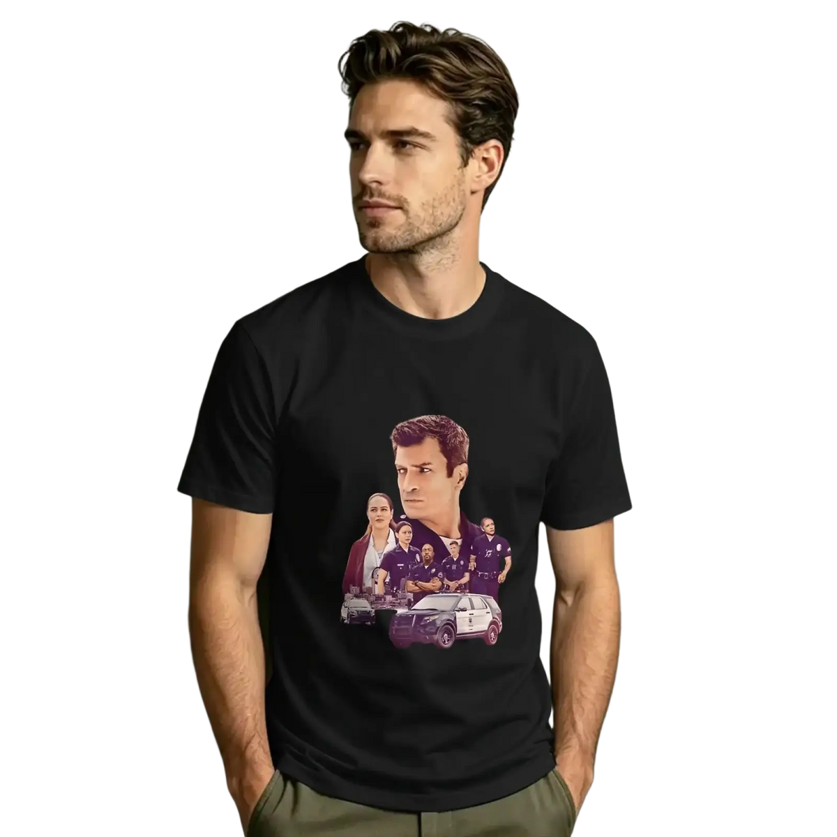 Black cotton t-shirt featuring a vibrant graphic print of characters and a police car from the Rookie tv show