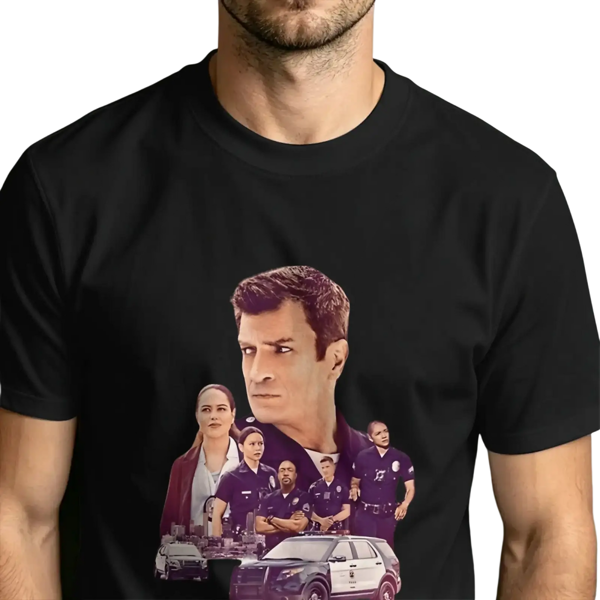 Black cotton t-shirt featuring a graphic print of blue bloods cast and police vehicles for men The Rookie tv show