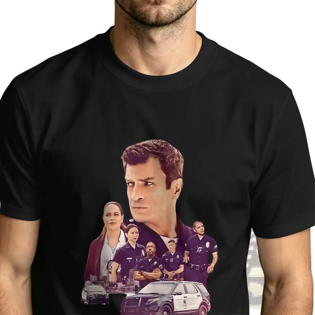 Black cotton t-shirt featuring a graphic print of blue bloods cast and police vehicles for men The Rookie tv show