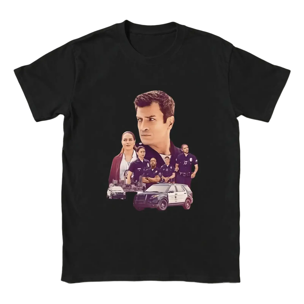 Black cotton men cotton t shirt featuring graphic print of characters and police vehicles from the Rookie tv show