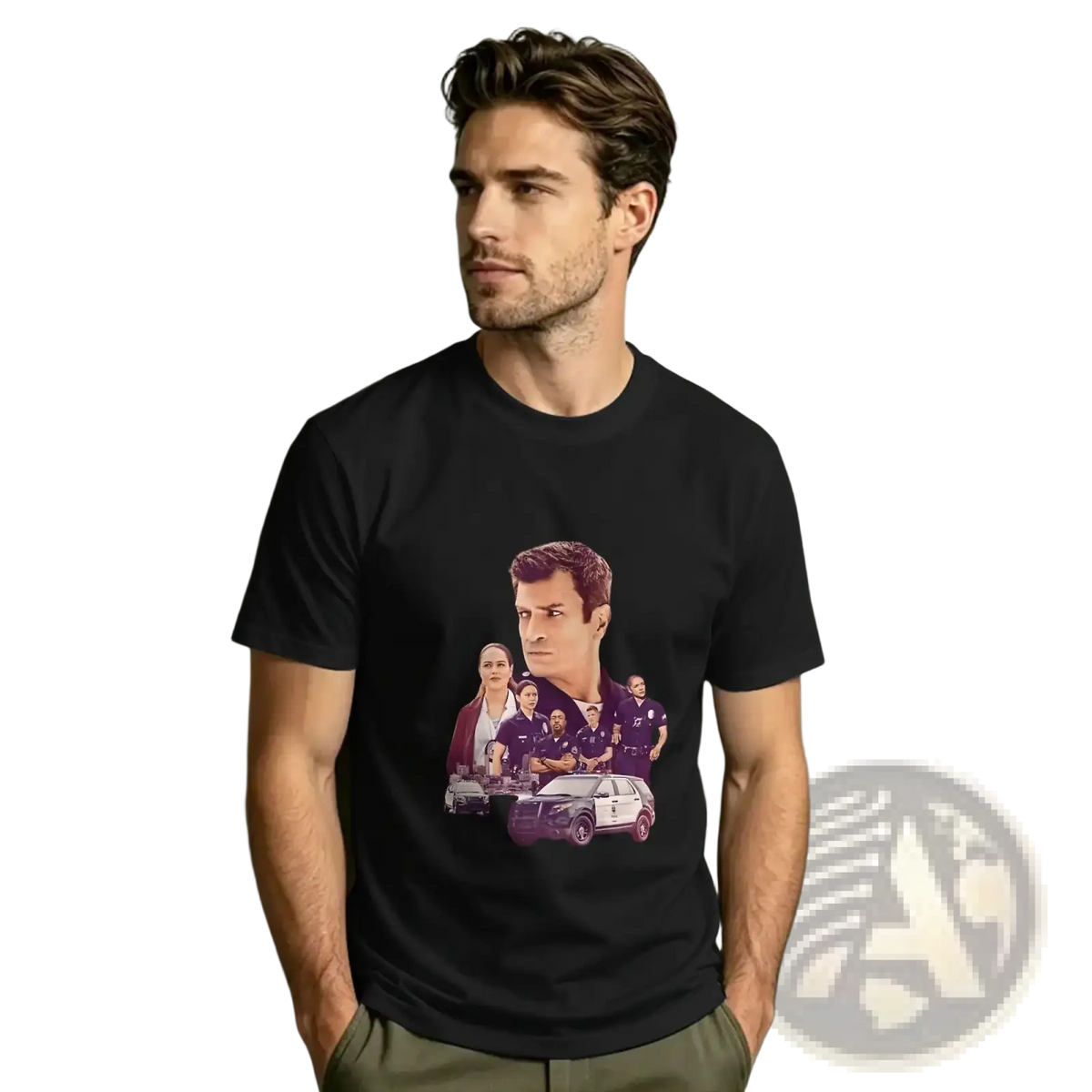 Black cotton t-shirt featuring a vibrant graphic print of characters and a police car from the Rookie tv show