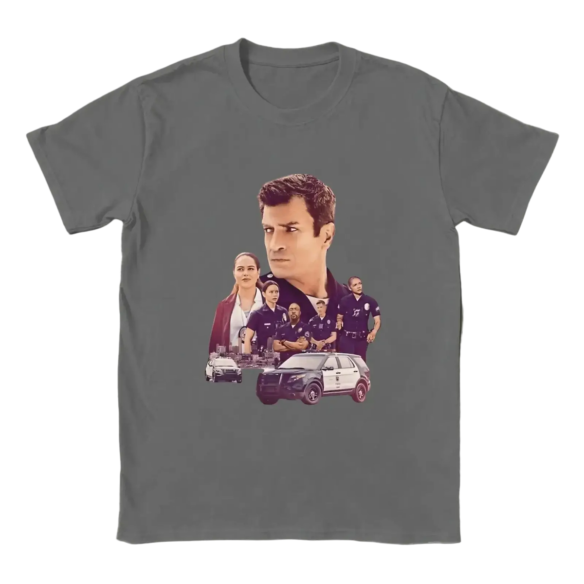 Gray men cotton t shirt featuring graphic print of the rookie tv show characters and police vehicles