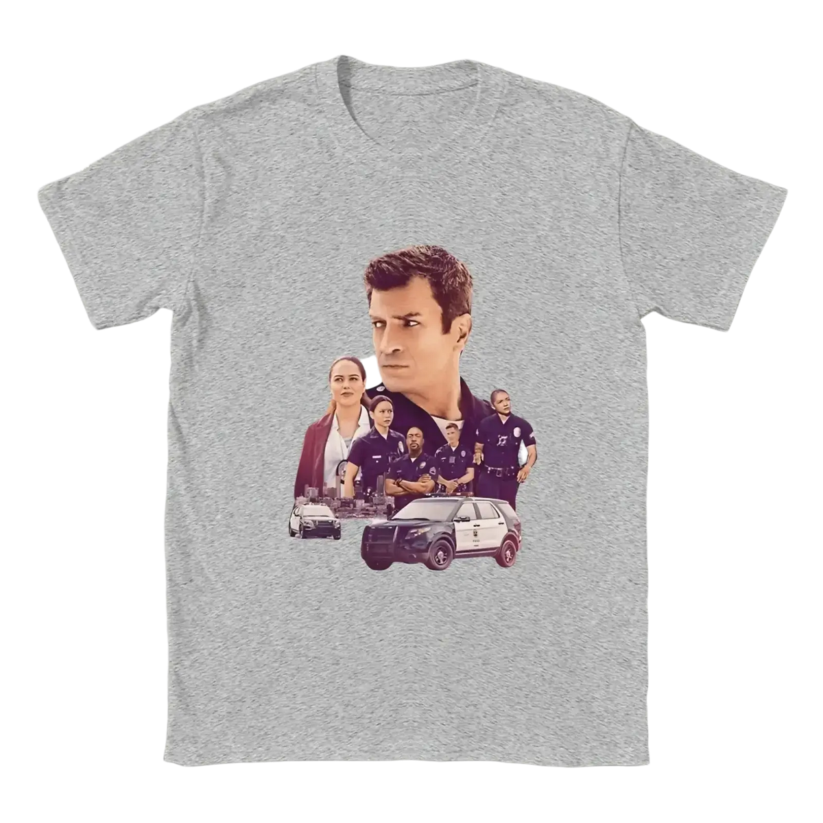 Heather gray men cotton t shirt with blue bloods police graphic print featuring officers and vehicles
