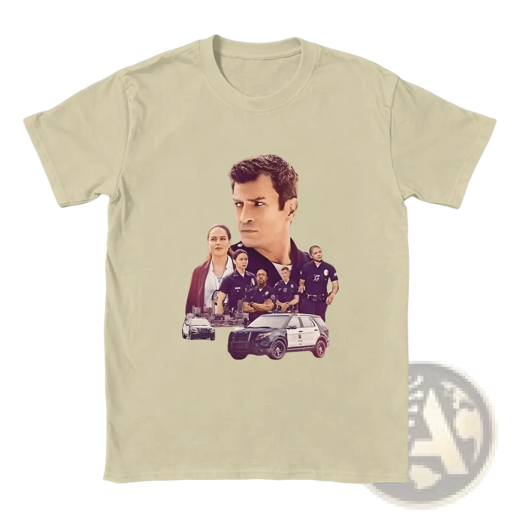 Beige short-sleeved cotton t-shirt featuring graphic print of characters and police vehicles from the Rookie tv show