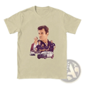 Beige short-sleeved cotton t-shirt featuring graphic print of characters and police vehicles from the Rookie tv show
