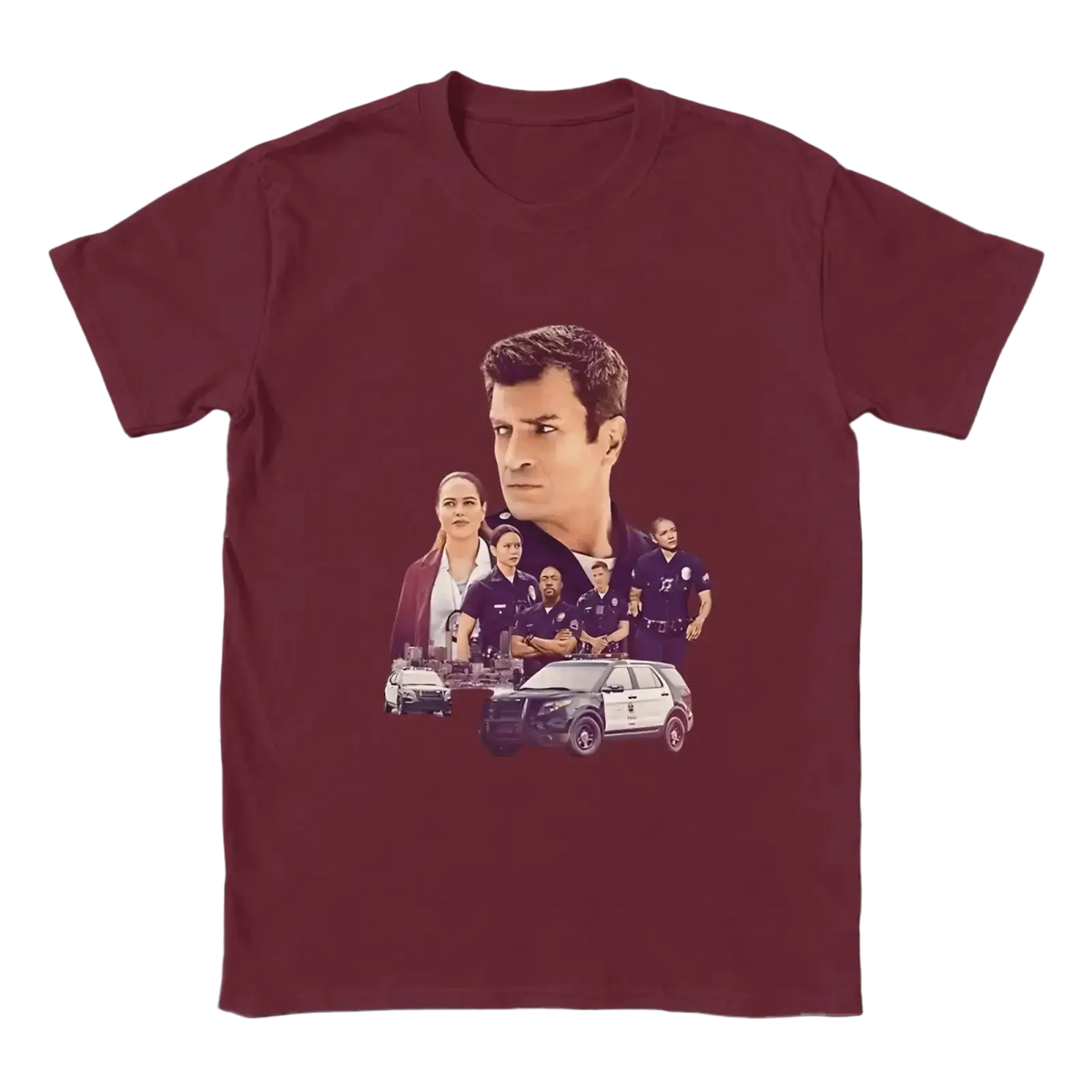 Maroon men cotton t shirt featuring a graphic print of characters and police vehicles from the Rookie tv show