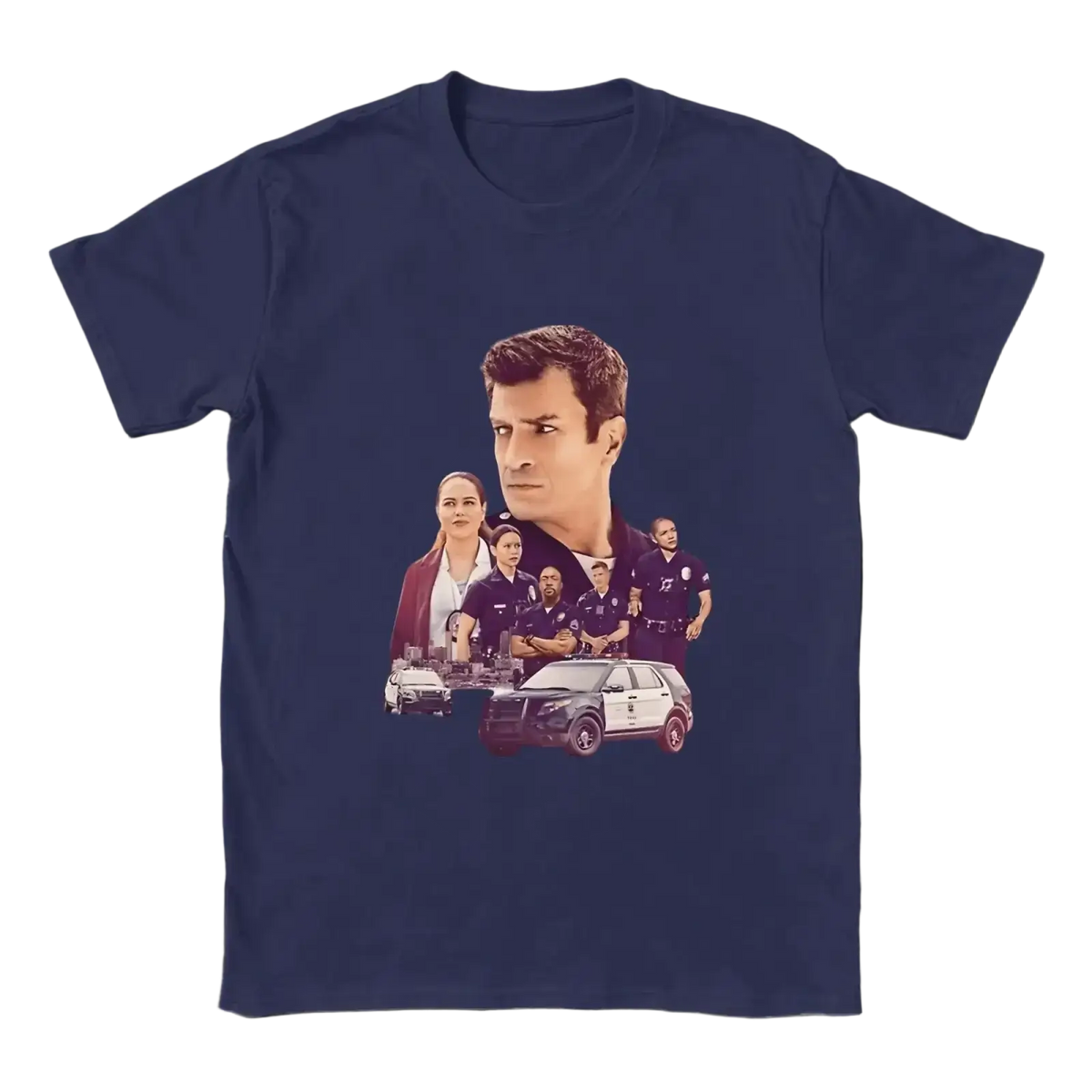 Navy blue men cotton t shirt featuring graphic print of the rookie tv show characters and police vehicles