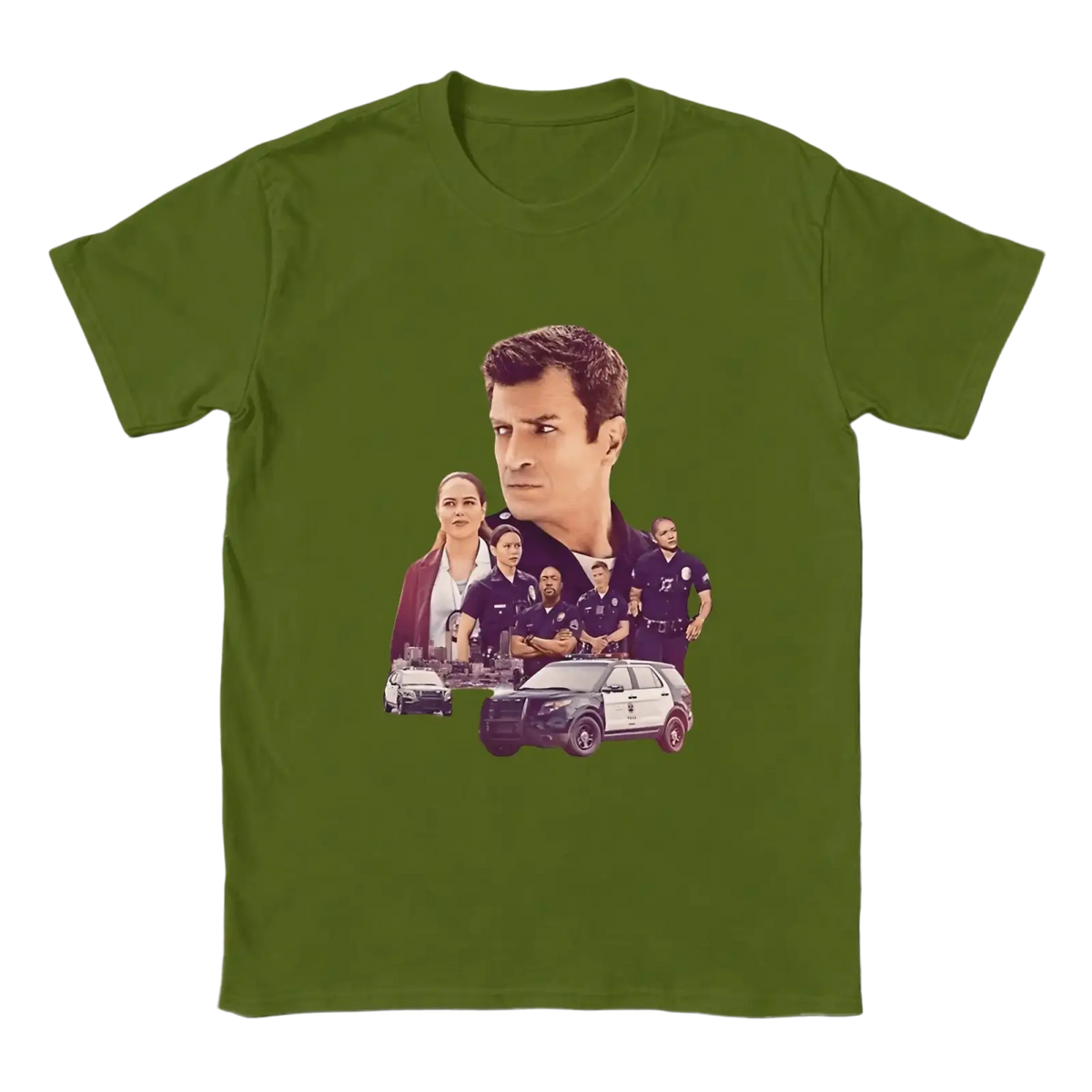 Olive green cotton men short-sleeved t shirt with graphic print of the rookie tv show characters and police vehicles