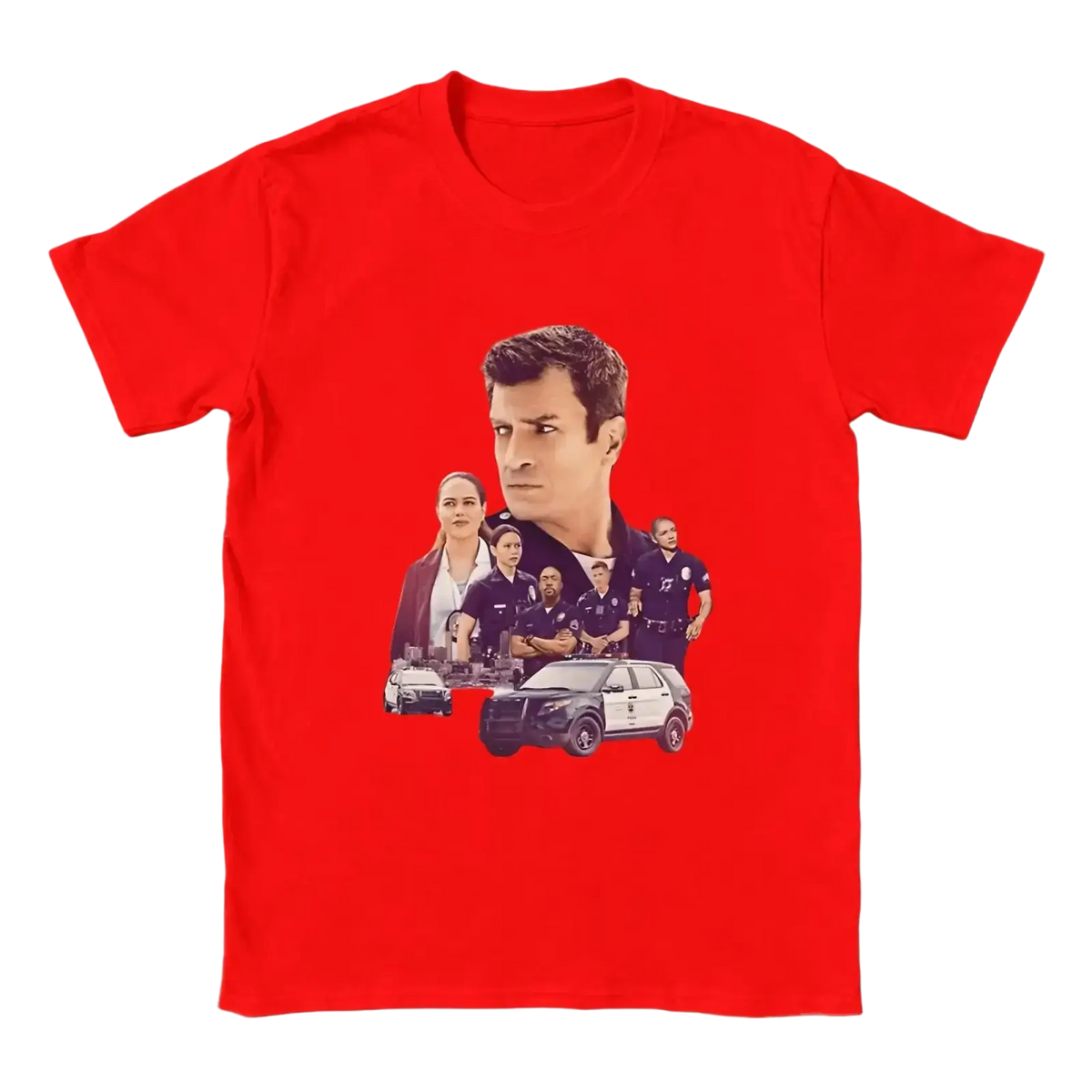 Red cotton t shirt for men featuring graphic print of blue bloods characters and police vehicles for casual wear
