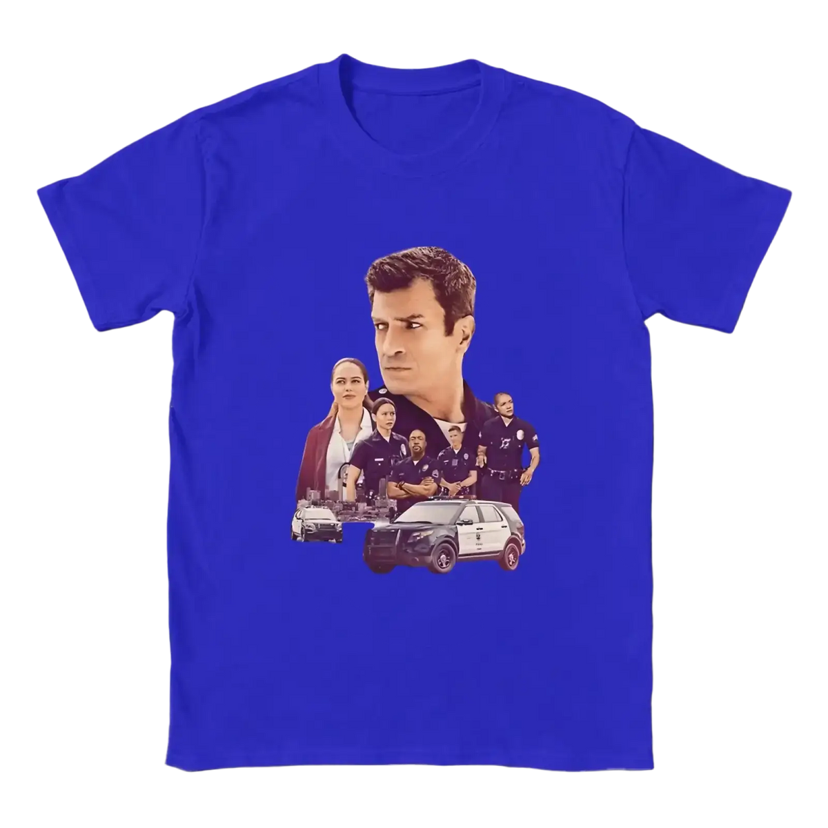 Vibrant royal blue men cotton t shirt featuring a graphic print from the tv show Blue Bloods with police vehicles