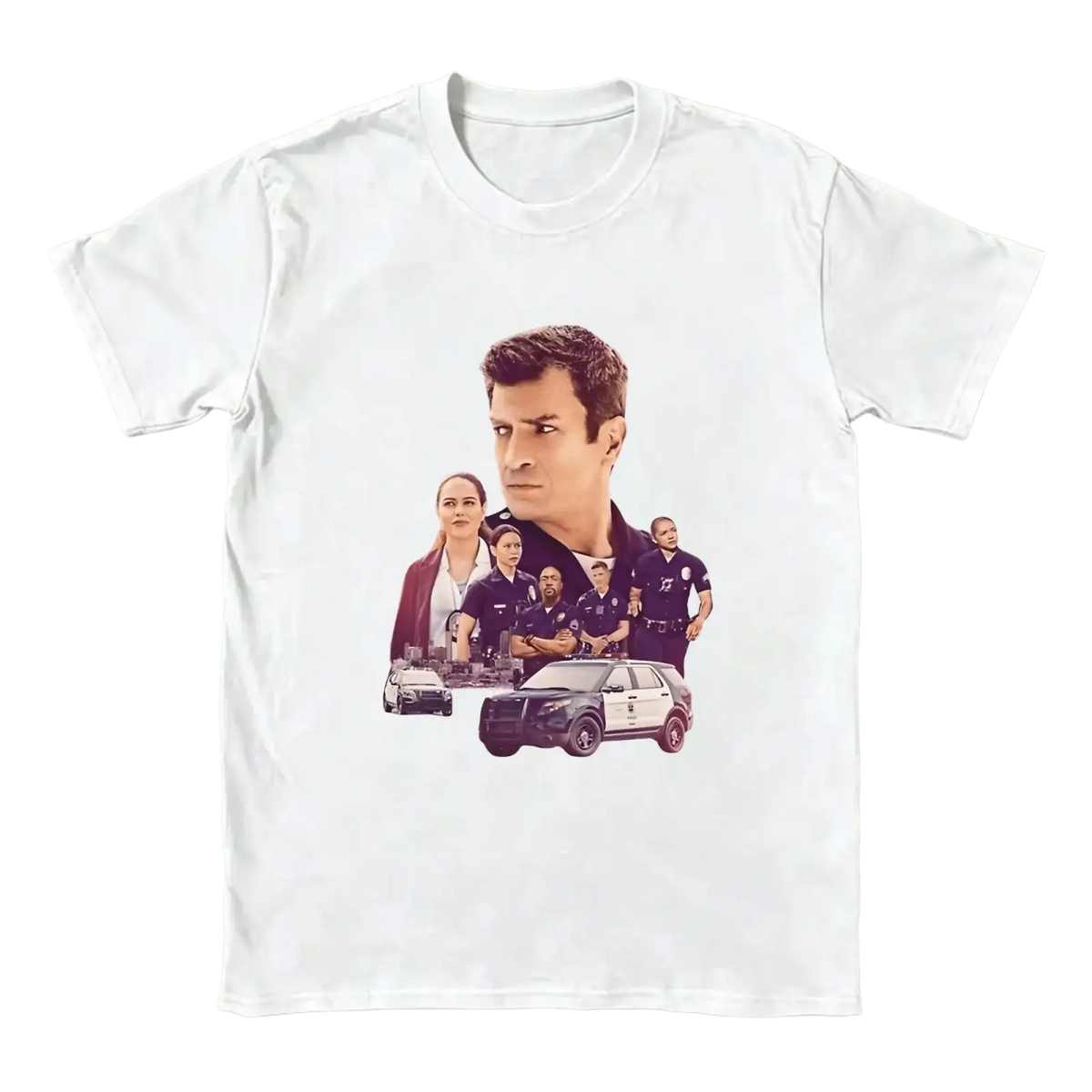 White cotton t shirt featuring a graphic print of the tv show The Rookie cast and police vehicles for men