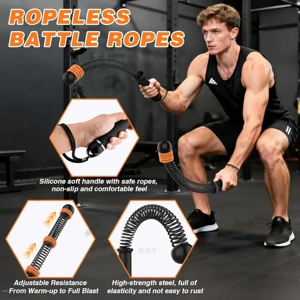 Ropeless battle rope adjustable fitness training equipment in black with orange accents and silicone soft handle