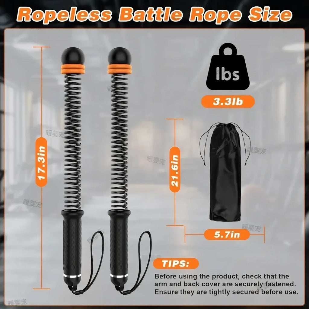 Black ropeless battle rope with orange accents and textured grips adjustable for strength training workouts