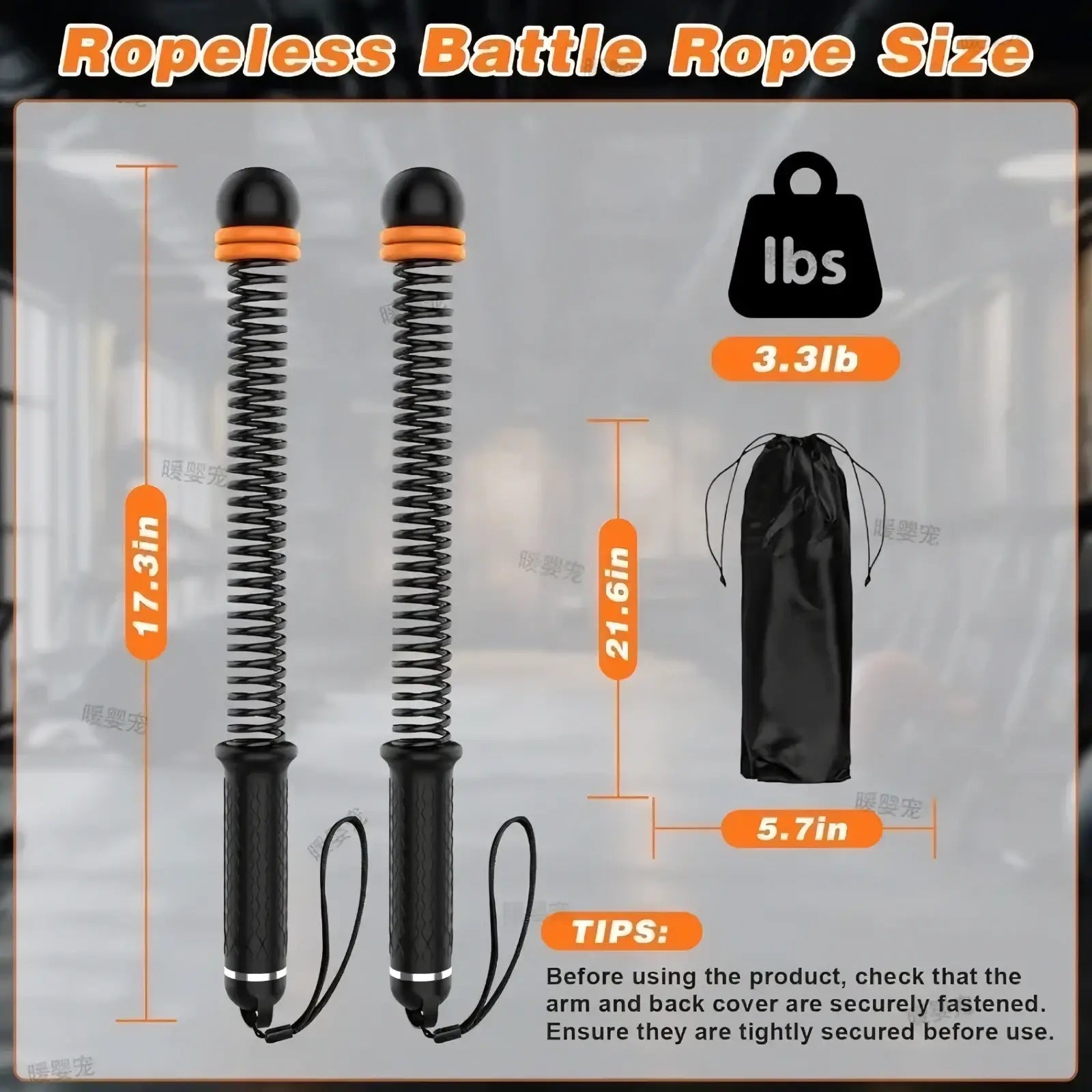 Black ropeless battle rope with orange accents and textured grips adjustable for strength training workouts
