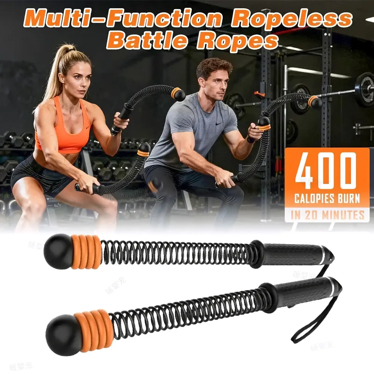 Black and orange spring-loaded resistance bars with ergonomic handles for ropeless battle rope adjustable fitness training equipment
