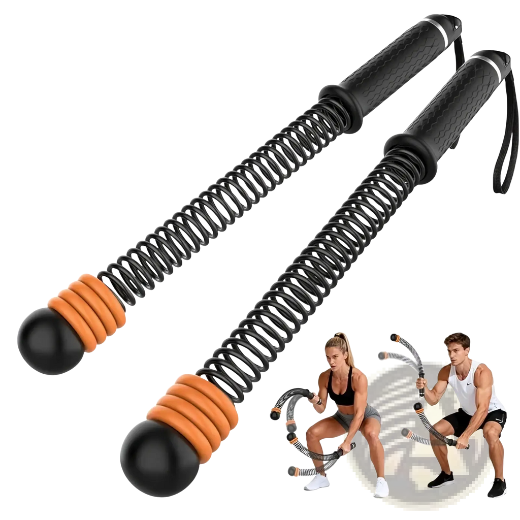 Ropeless battle rope adjustable fitness training sticks in black and orange with textured grips and coiled springs