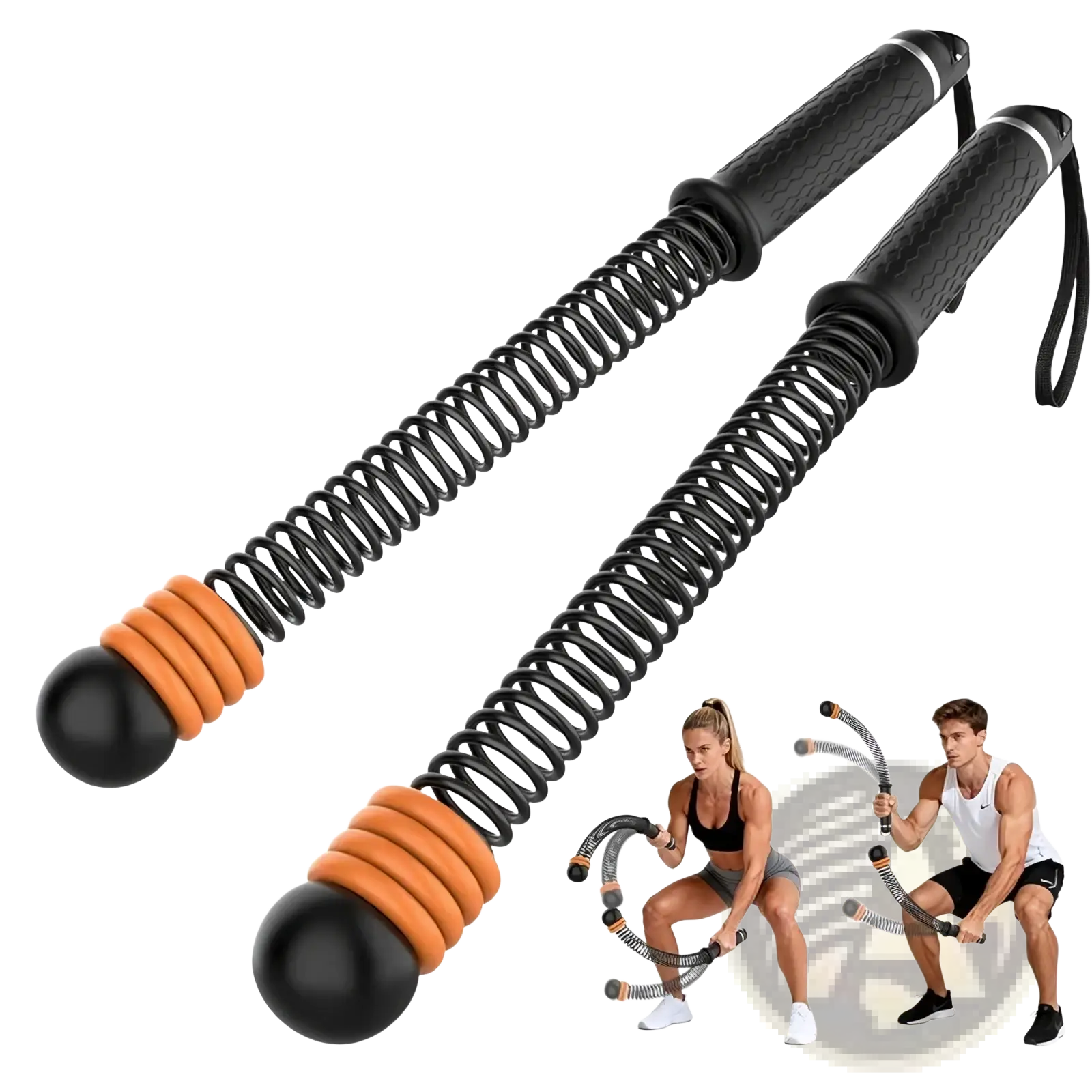 Ropeless battle rope adjustable fitness training sticks in black and orange with textured grips and coiled springs