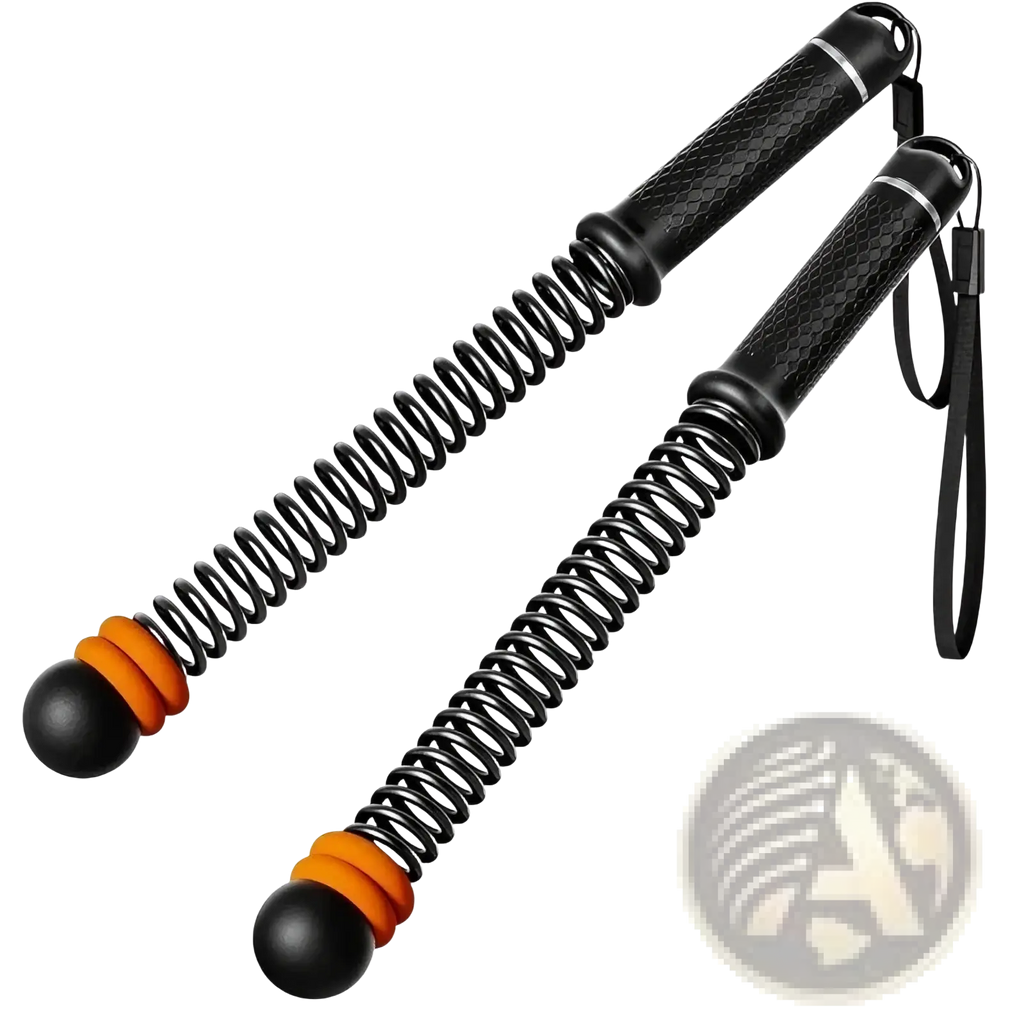 Black and orange ropeless battle rope spring sticks with textured grips and ball ends for adjustable fitness training