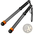Black and orange ropeless battle rope spring sticks with textured grips and ball ends for adjustable fitness training