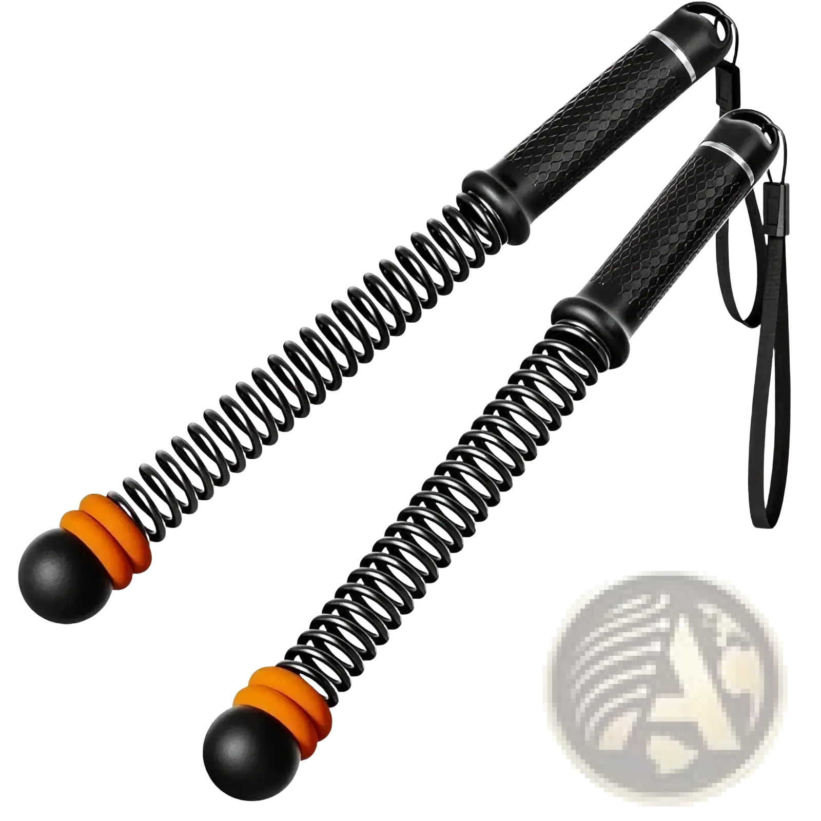 Black and orange ropeless battle rope spring sticks with textured grips and ball ends for adjustable fitness training