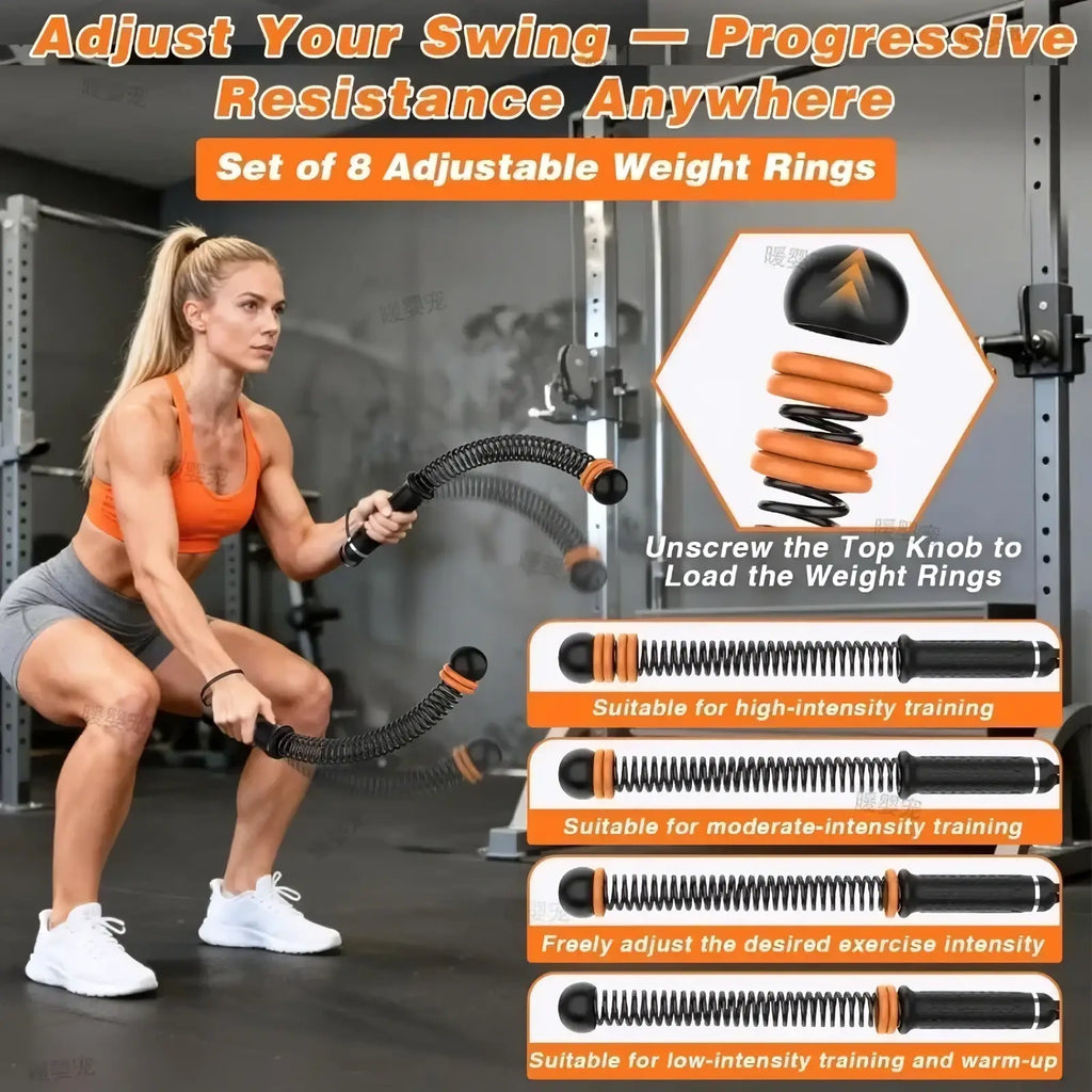Ropeless battle rope adjustable fitness training bar with black and orange spring coils and top knob for weight rings