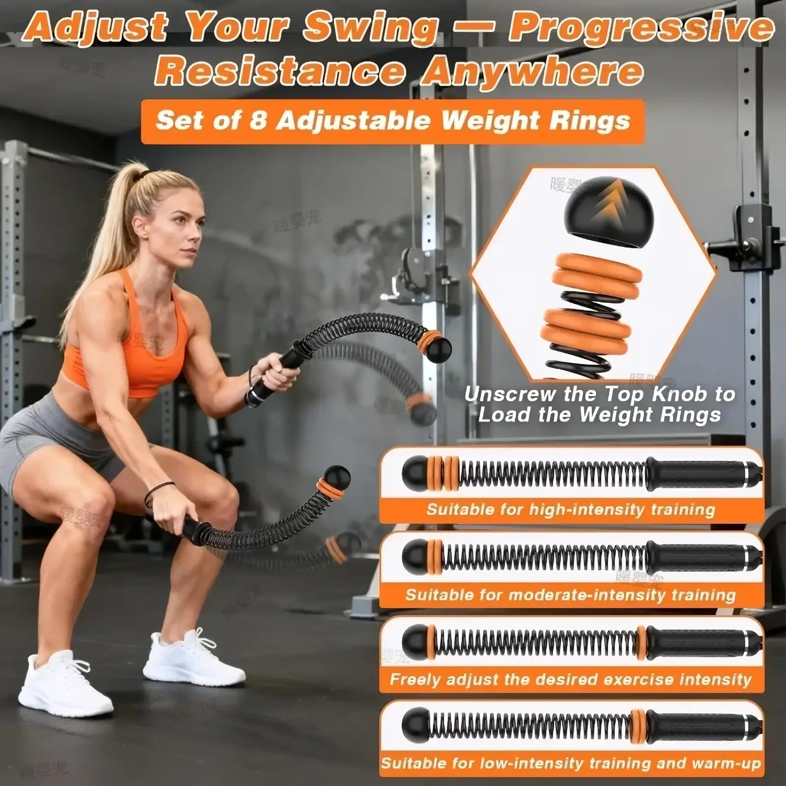 Ropeless battle rope adjustable fitness training bar with black and orange spring coils and top knob for weight rings