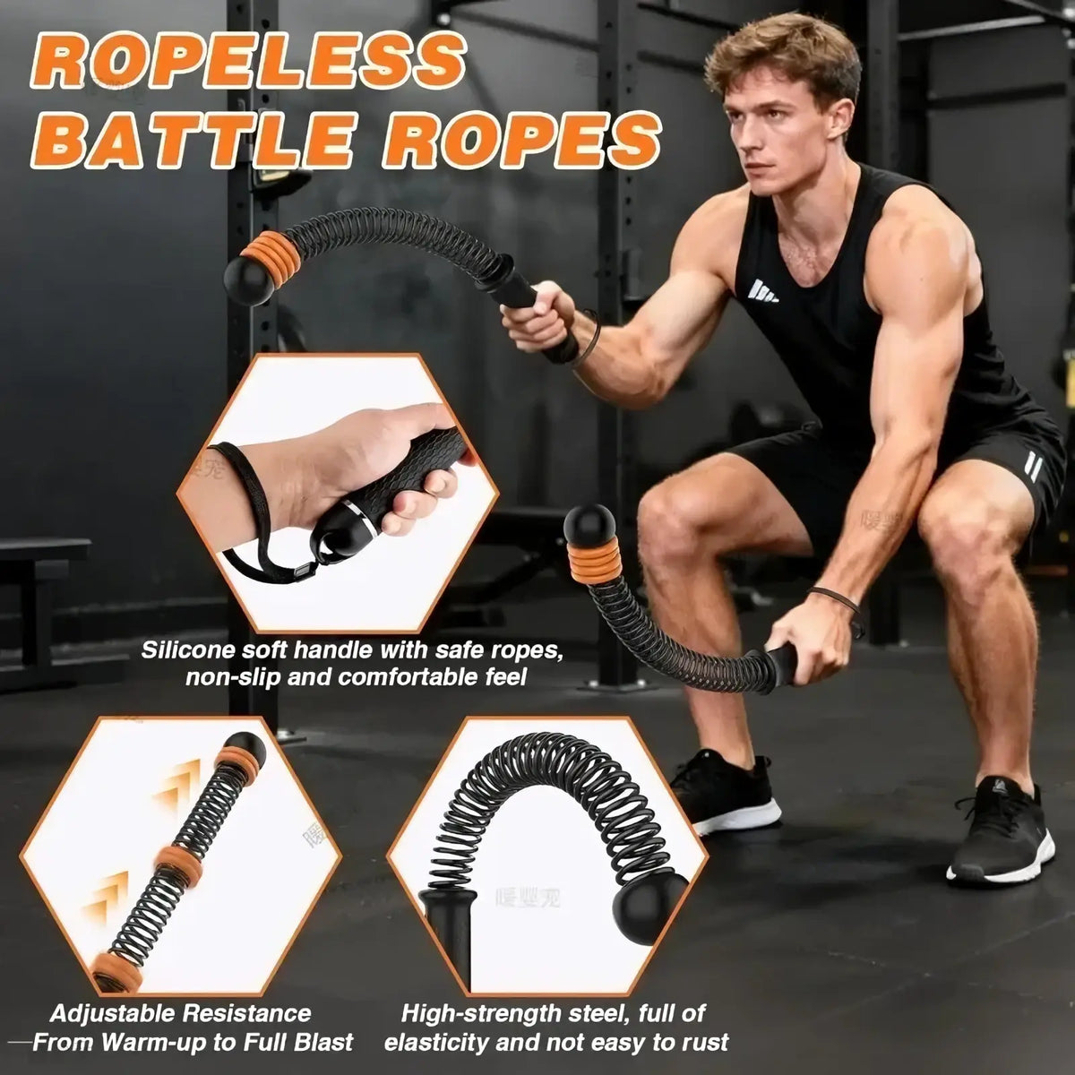 Black ropeless battle ropes with orange accents and silicone handles for adjustable resistance fitness training