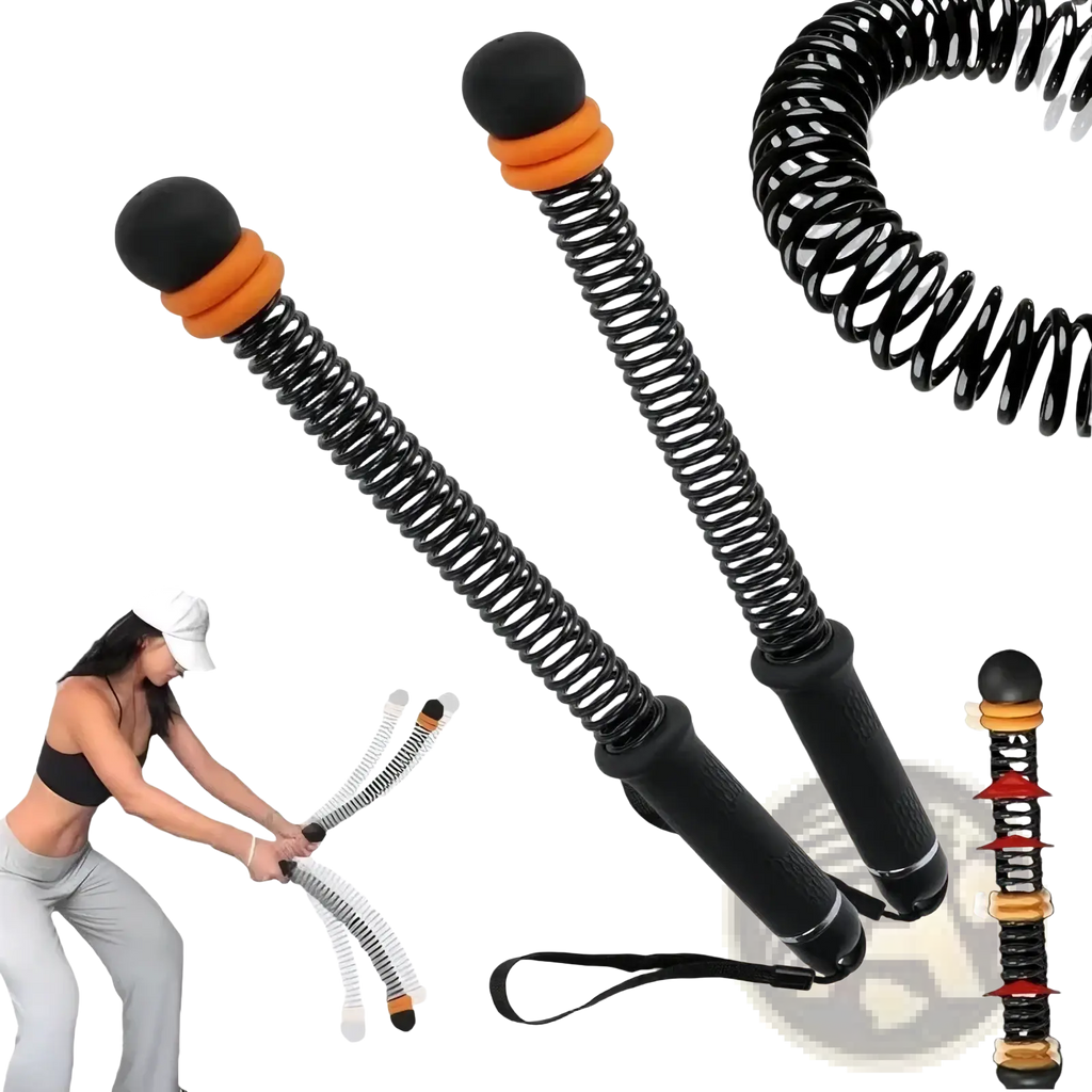 Black and orange adjustable resistance spring arms with textured grips for ropeless battle rope fitness training