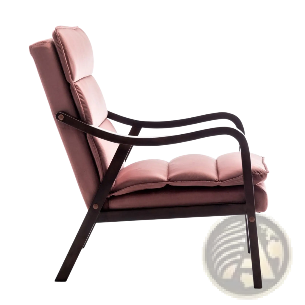 A rose-colored velvet mid-century armchair with a dark wooden frame and curved arms for reading or accent seating